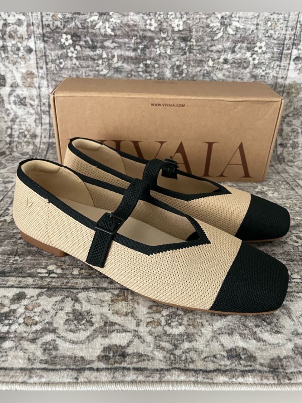 Vivaia Margot Mary Jane Flats Nude Black Beige Size 10 Square Toe
